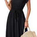 LYANER Women's Ruched Crew Neck Petal Sleeve A Line Drawstring Vacation Knee Length Dress (Black, XL)