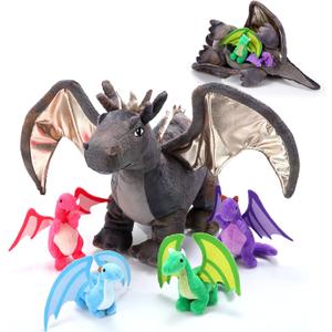 HyDren 5 Pcs Dragon Plush Toys Set 16 Inch Giant Dinosaur Stuffed Animal with 4 Pcs Babies Dragons in Mommy Dinosaur Belly for Kids Boys Girls Easter Birthday Gifts Student Classroom Prizes(Gray)
