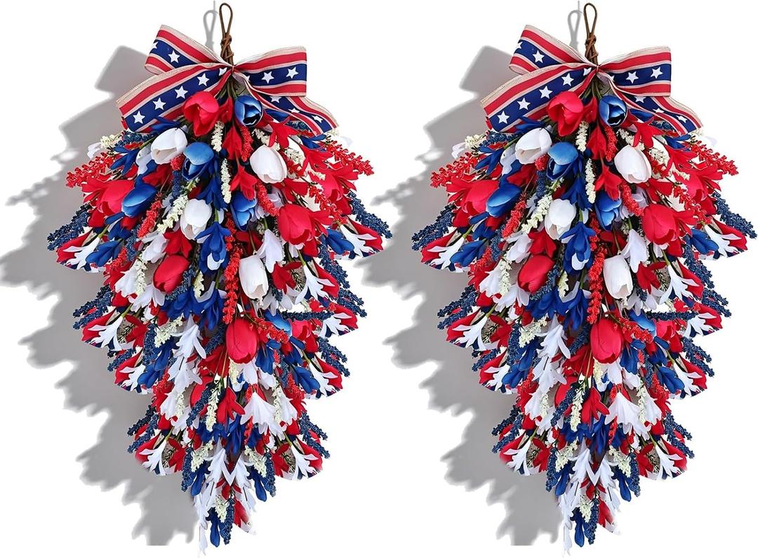 2 Pack 21'' Patriotic Teardrop Swag Wreaths for Cabinets Artificial 4th of July Swag Wreath with Red White Blue Tulips Floral and Berries for Independence Day Memorial Day Front Door Porch Window Wall