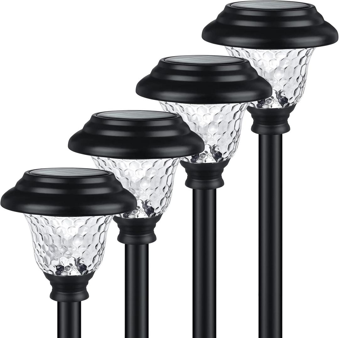 Glass Solar Lights Outdoor, 4 Pack Super Bright Solar Pathway Lights, Up to 12 Hrs Long Last Auto On/Off Garden Lights Solar Powered Waterproof, Stainless Steel LED Landscape Lighting for Yard (Cool White)