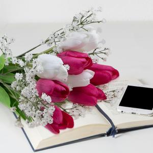 12Pcs Artificial Flowers Bouquet Tulip & Baby Breath, 19" Fake Flowers for Valentines Day, Wedding Bride Bouquets Home Indoor Vase Table Decor (Rose Red & White)