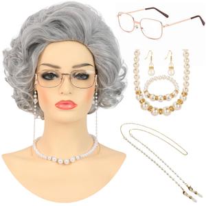 Old Lady Wig Costume Set for Women Short Curly Grandma Wig and Glasses Silver Grey Granny Wigs for Old Woman Cosplay Halloween Party (Silver Grey/Old Lady)