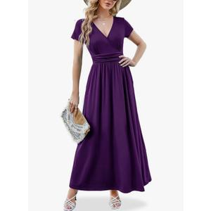 ANRILITA Maxi Dress for Women Wrap V Neck Short Sleeve Empire Pleated Waist Summer Casual Elegant Long Dresses with Pockets XL Purple
