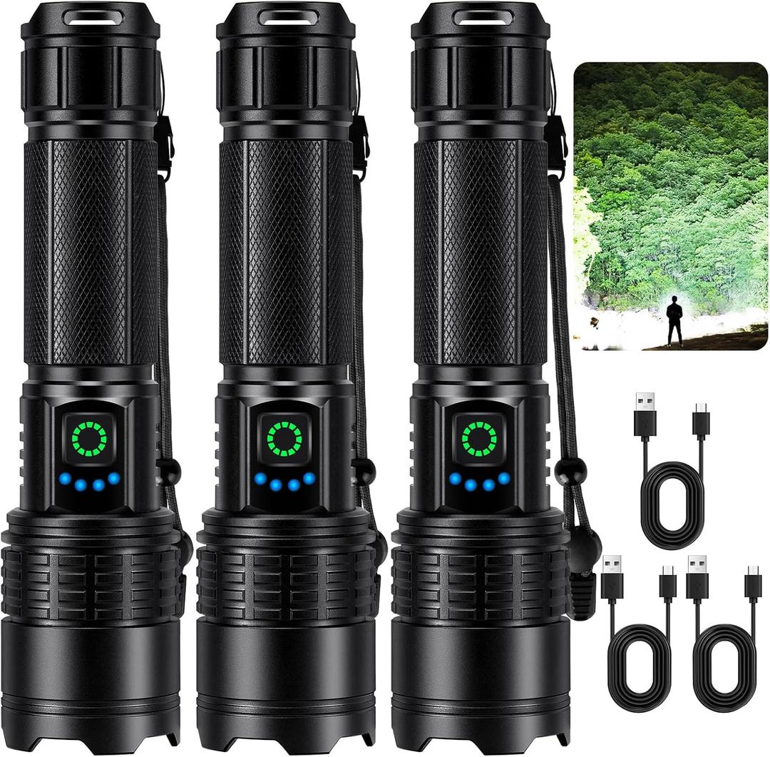 Kmivo Rechargeable Led Flashlight High Lumens - 99,000lm Bright Powerful Flash Light with 5 Modes, Waterproof Handheld Linterna for Home, Camping(3 Packs)