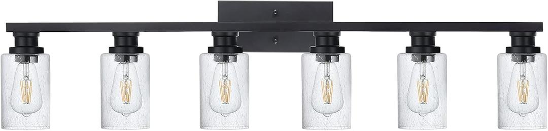 VINLUZ 6 Light Vanity Light in Black Finish with Seedy Glass,Farmhouse Bathroom Lighting Fixture Industrial Metal Wall Mount Lights for for Cabinet Corridor