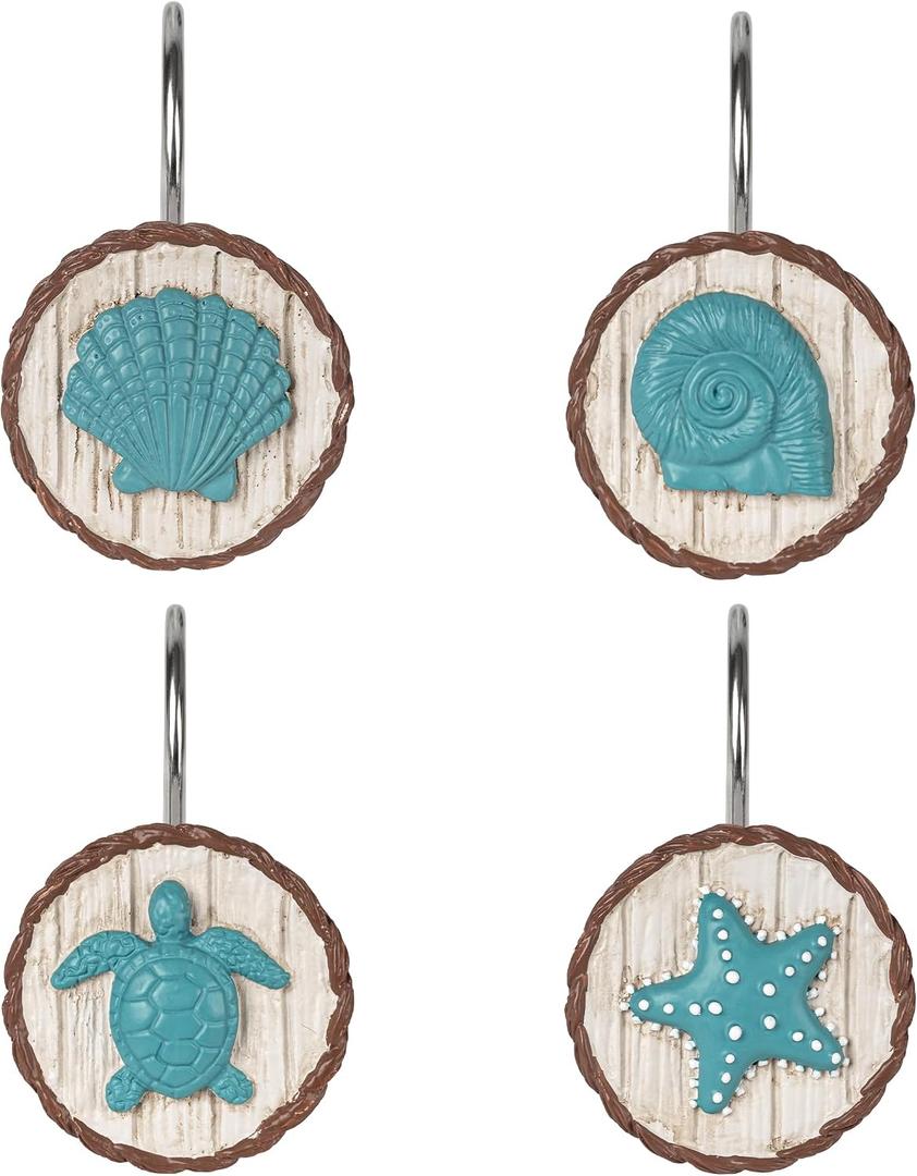 Sunlit Ocean Decorative Shower Curtain Hooks, Sea Turtle Spiral Shell Starfish Conch Shower Curtain Rings, Resin, Nautical Farmhouse Bathroom Decoration Beach Shower Curtain Hooks-12 Pack, Teal Blue
