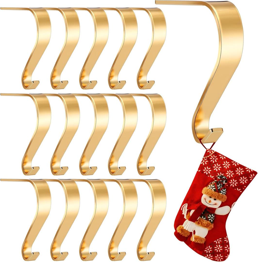 Tenceur 16 Pcs Christmas Stocking Holders for Mantel Xmas Stocking Hangers Fireplace Socks Hanging Hooks Heavy Duty Non Slip Metal Stockings Hangers for Home Christmas Party Decoration(Gold)