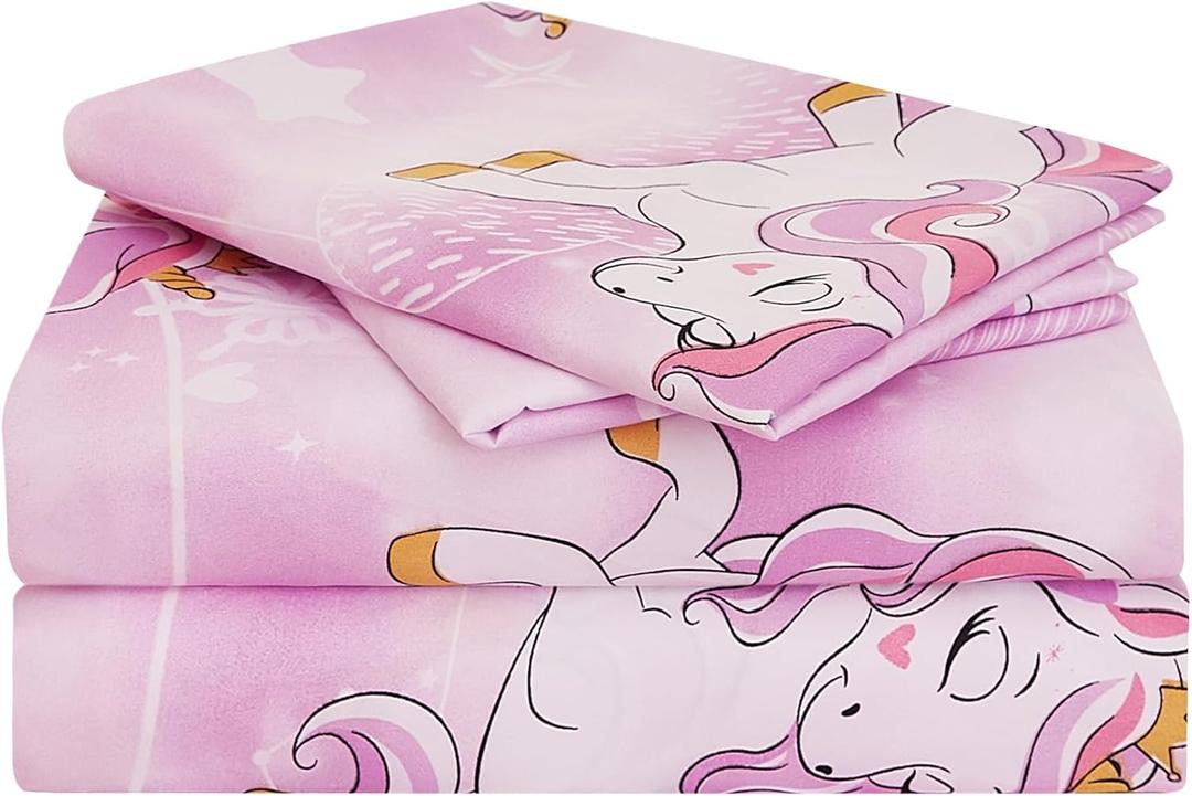 Yibeizi Unicorn Full Size Sheet Set for Girls, Kids Cute Princess Printed Bedsheet Microfiber Deep Pocket Bedding Sheets & Pillowcases 4 Pieces
