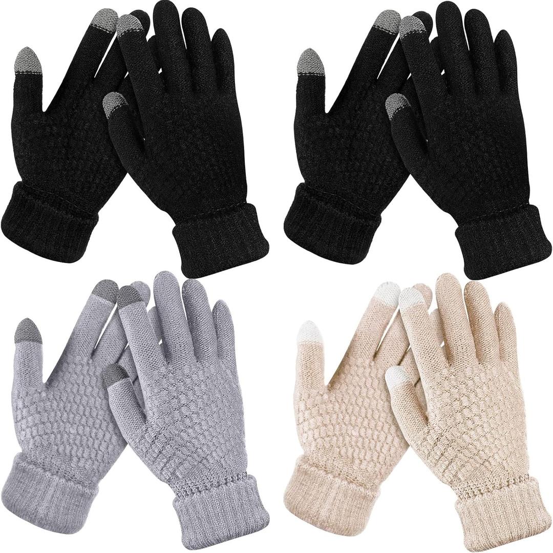 Geyoga 4 Pairs Women's Winter Touch Screen Gloves Soft Warm Fleece Lined Knit Elastic Cuff Texting Gloves (Black, Gray, Apricot)