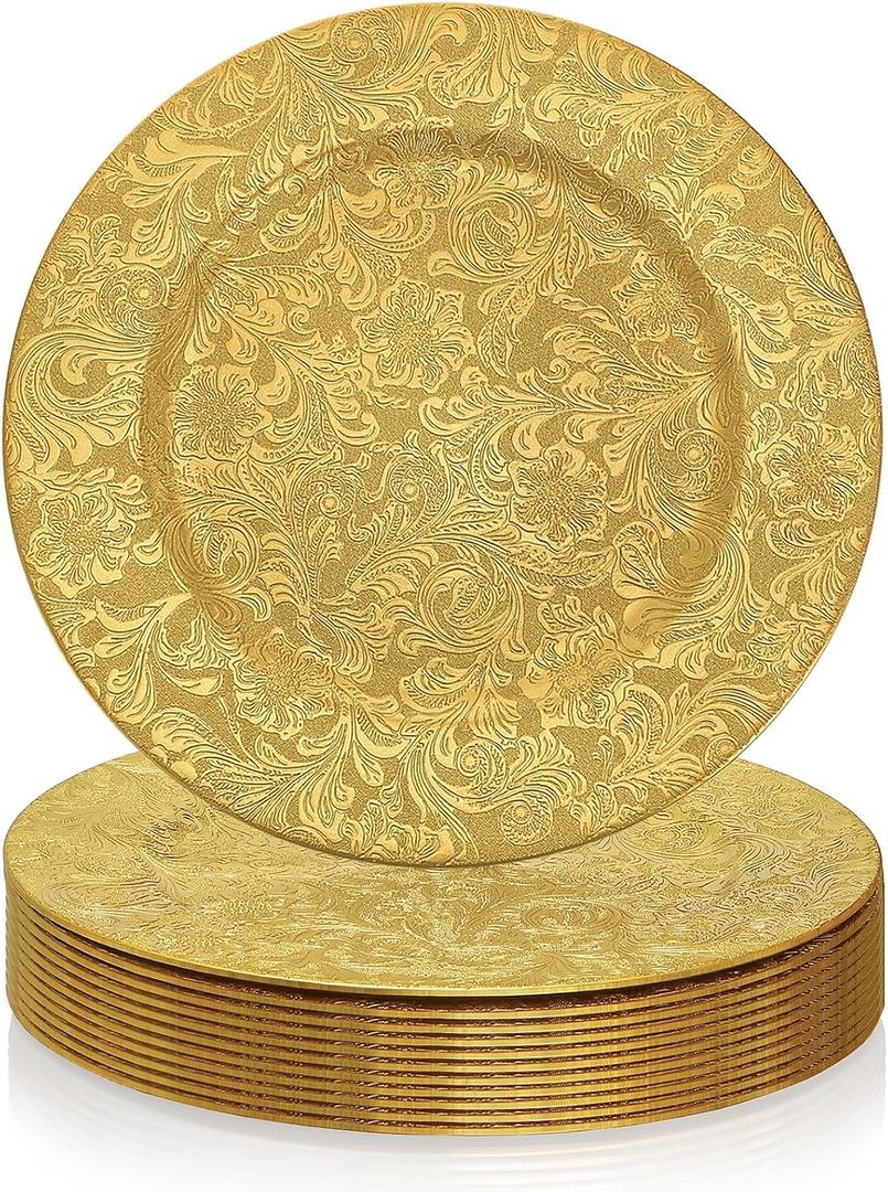 ZOOFOX 12 Pack Gold Charger Plates, 13" Plastic Round Antique Plate Chargers for Dinner Plates, Floral Charger Plates for Wedding Dinner Party Table Setting Decor