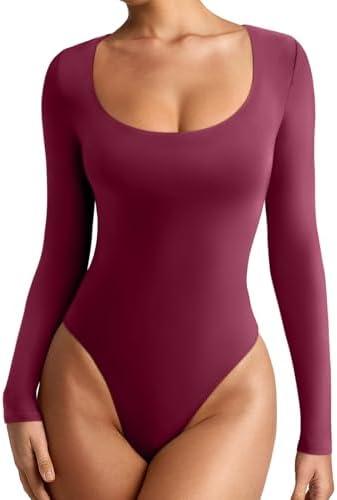 REORIA Women's Sexy Basic Scoop Neck Long Sleeve Double Lined Layering Slim Bodysuit Tops 2XL