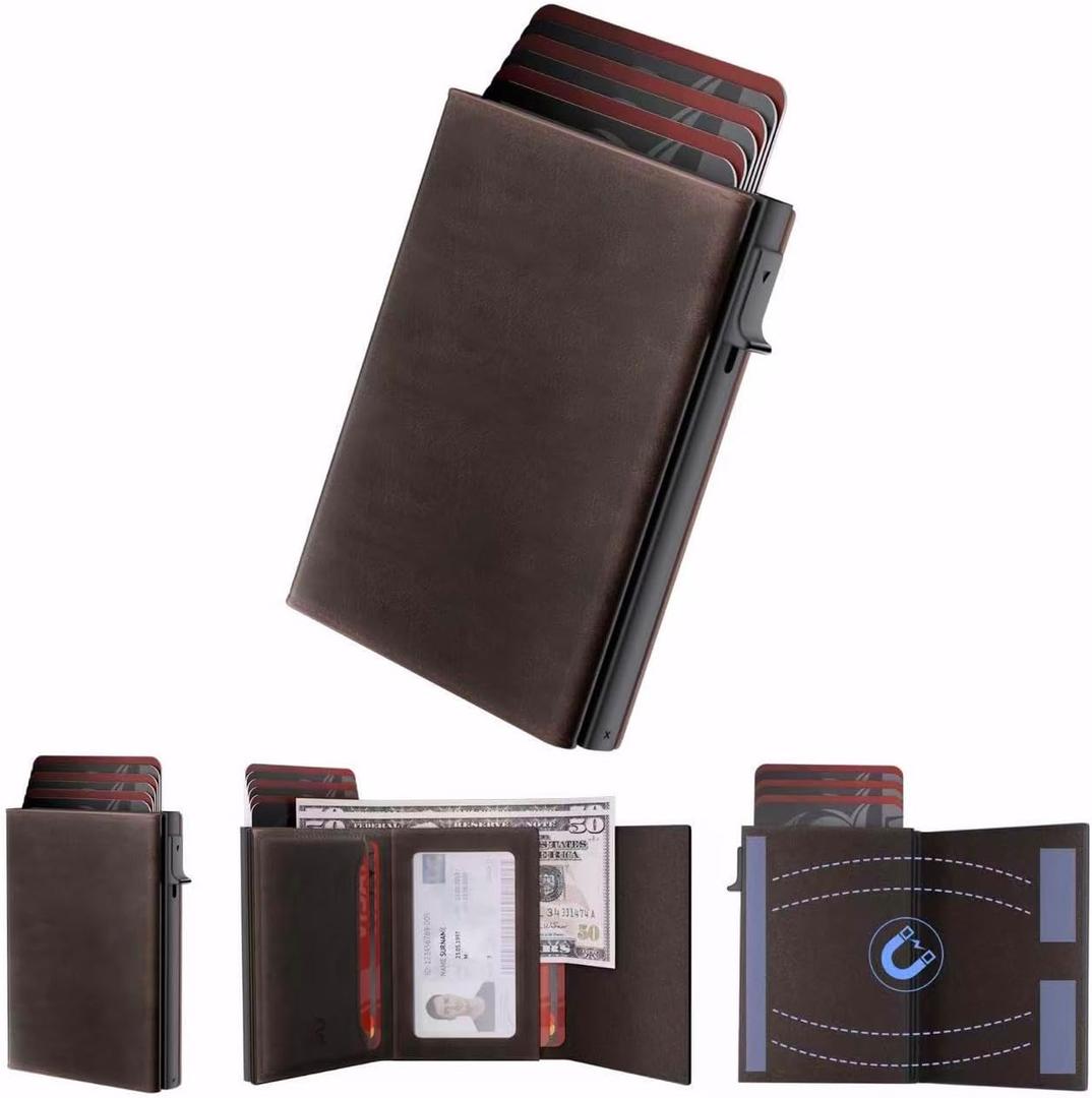 Mens Wallet Card Holder - Smart Wallet for Men, Pop Up Card Case, Top Grain Leather, RFID Blocking, Slim, Minimalist, Ultra Thin, Front Pocket, 9-14 Card Capacity | ID Window | Cash Slot (Brown)