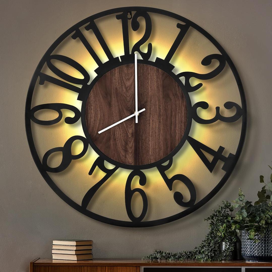 LEIKE Large Wall Clocks with Night Light Battery Operated,Silent Non Ticking,Rustic Modern Big Wood Clock for Living Room, Bedroom,Kitchen,Farmhouse,Office,Home Decor-32 Inch(Black-Arabic Number)