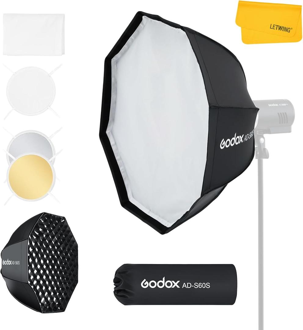 Godox AD-S60S Softbox, Portable Godox Mount Softbox, 60cm/23.6inch Soft Box with Grid for AD400 Pro II AD300 Pro Strobe Flash and ML60 ML60Bi ML60II Bi ML100R ML100Bi LED Light