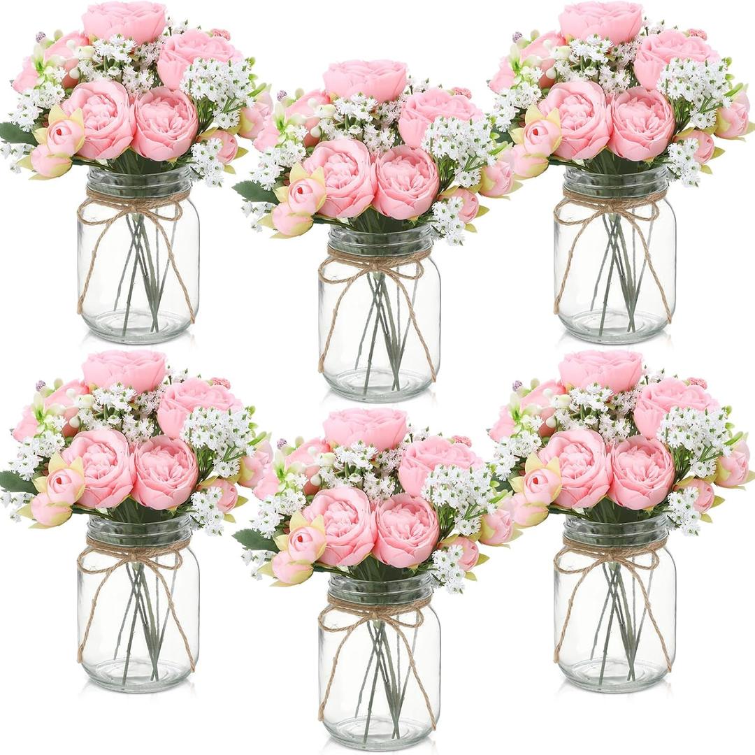 Zeyune 6 Sets Mason Jar Centerpiece Table Decorations, Artificial Peony Baby's Breath Flower Bouquets, Faux Flowers with Vase, Rustic Decor Gifts for Home, Wedding, Holiday (Light Pink)