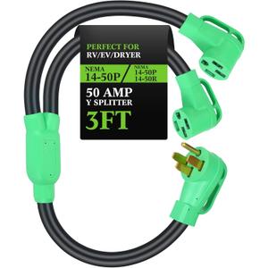 Kanayu 50Amp 14-50 Y Splitter Adapter Cord ETL Listed 14-50P Male to 2X 14-50R Female 4 Prong 250V Splitter for RV and EV Heavy Duty 6/3+8/1 STW AWG RV Generator Outdoor Extension Cord, 3 Ft(Green)