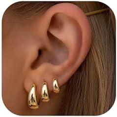 BESTEEL 3Pairs Gold Hoop Earrings Set for Women Chunky Gold Silver Earring 14K Gold Filled Hypoallergenic Small Huggie Hoops Lightweight Tiny Thick Trendy Hoop Earrings Stacks for Multiple Piercing