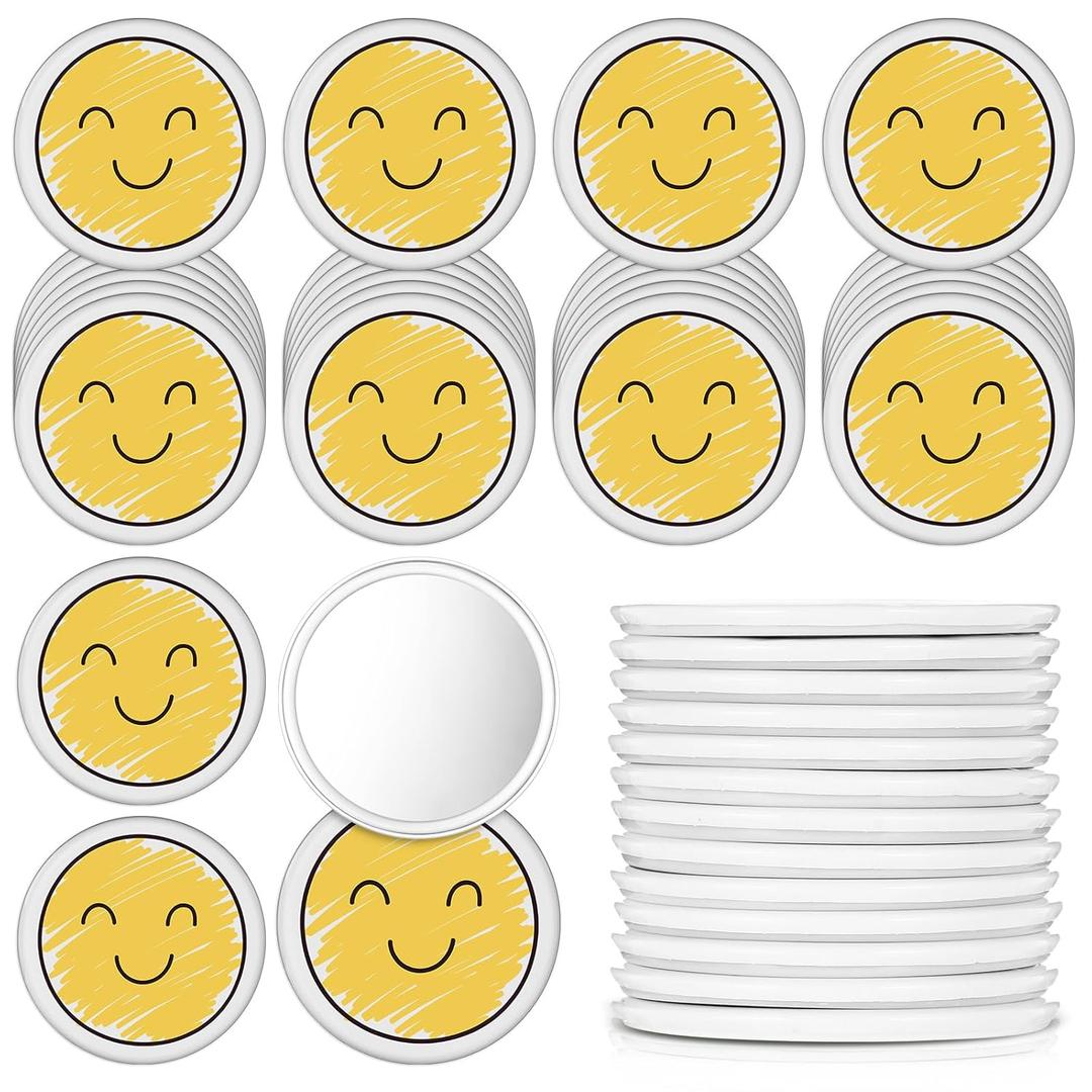 Geetery 30 Pcs Inspirational Smile Face Compact Mirrors Bulk Mini Pocket Mirrors Emoticon Gifts Party Favor Yellow Portable Birthday Wedding Shower Party Supply for Women Nurse Teacher Volunteer
