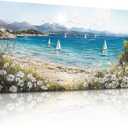 SERIMINO Coastal Landscape Large Wall Art, Beach Daisy Canvas Art Prints, Bay Sailboat Artwork for Walls, Nature Ocean Scenery Paintings Wall Decor Living Room Bedroom, Rustic Home Decor 24"X48"