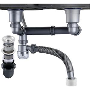 Double Sink Drain Kit Space Saving Kitchen Sink Drain Kit Expandable Flexible 1 1/2" P-Trap Pipe 3-1/2 Inch Sink Drain Assembly Kit with 4-Way Fitting Adapter for Dishwasher (Gray)