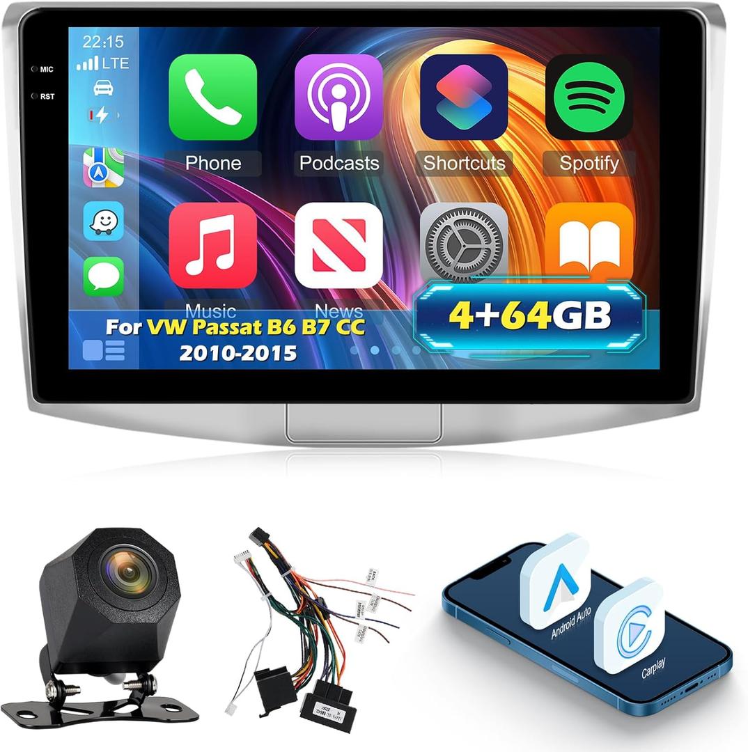 4G+64G Android 15 Car Stereo for VW Passat B6 B7/Magotan CC 2010 2011 2012 2013 2014 2015 - Wireless Carplay/Android Auto - 10 Inch Touchscreen Radio with EQ/5GHz WiFi/GPS/SWC, AHD Rear View Camera