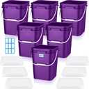 Vesici 6 Pcs 5 Gallon Food Grade Square Buckets with Lids 5 Gal Plastic Food Storage Square Bucket Heavy Duty Industrial Pail Container with DIY Label Stickers Handles for Water Painting(Purple)