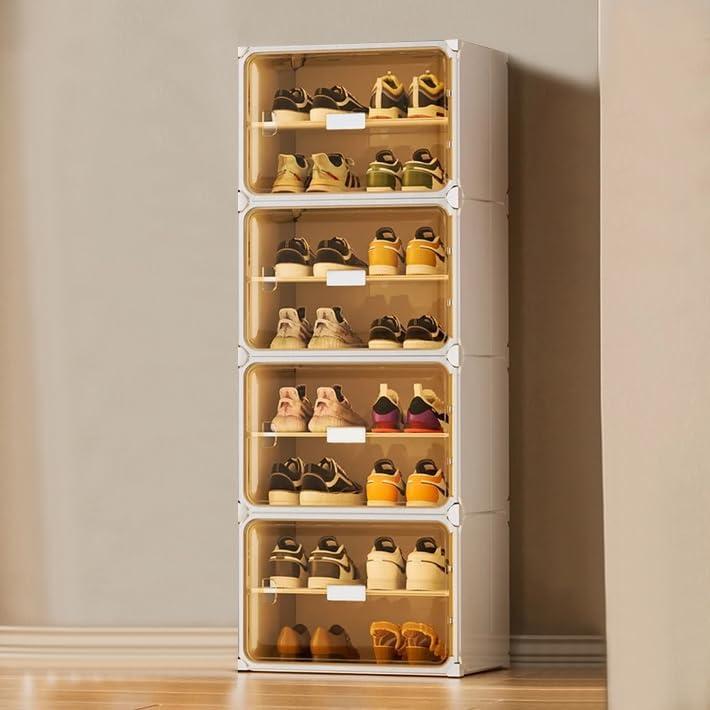 SDADI Shoe Rack, 16 Pair Expandable Plastic Shoe Storage Cabinet with Doors for Closet, Free Standing Shoes Organizer for Entryway, Hallway, Bedroom, White