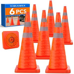 TENKAIWICK 28 Inch 6 Pack Traffic Cones, Collapsible Safety Cones, Multi Purpose Pop-up Cones with Reflective Collar, Orange Cones for Parking lot, Driveway, Driving Training etc