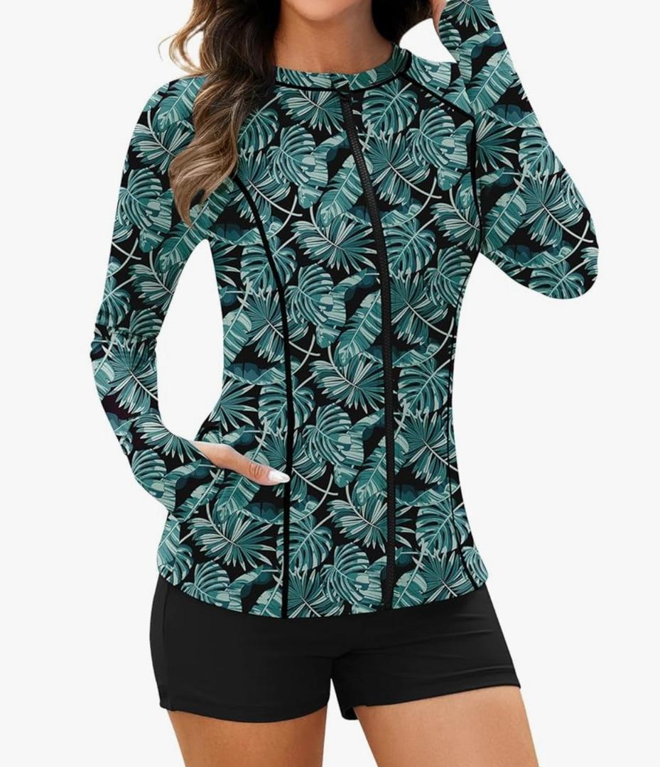 Soneven Women Long Sleeve Rash Guard Sets Two Piece Swimsuit with Shorts UPF 50+ Bathing Suit Full Zip Swim Shirt XL