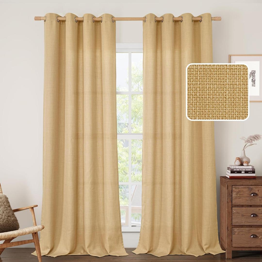 LAMIT Caramel Brown Linen Curtains for Living Room, 84 Inch Faux Linen Textured Light Filtering Privacy Drapes Grommet Window Panels for Farmhouse/Bedroom, Set of 2 Panels, 52 x 84 Inch