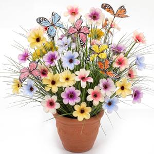 Jexine 4 Pack 20" Artificial Grass Arrangement with Flowers & Butterflies Pre-assembled Fake Plants with Foam Base for Planter Box Vase Pot Indoor Fake Greenery Decor for Home Office Table Centerpiece