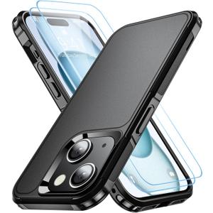 for Apple Recommend Shockproof iPhone 15 Case,[15 FT Military Grade Drop Protection],with 2X [Kevlar 9H Glass Screen Protector] Air Bumpers Full-Body Protective Case (Black, iPhone 15)