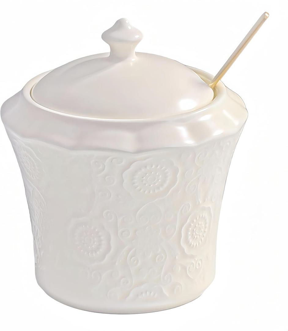 13.5oz Sugar Bowl with Lid and Spoon Ceramic Sugar Creamer Container, Sugar Jar, Durable Sugar Pot for Coffee Bar Accessories, Coffee Bar Decor (NH)