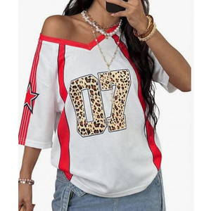 Jersey Shirt Women's Y2K Leopard Number Graphic Oversized V Neck Short Sleeve Streetwear Tee Tops, XL