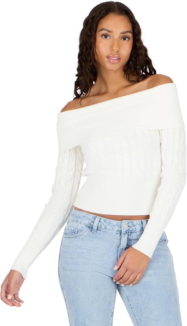 Forever 21 Women's Fold Over Off The Shoulder Sweater with Cable Knit Bottom (White, M)