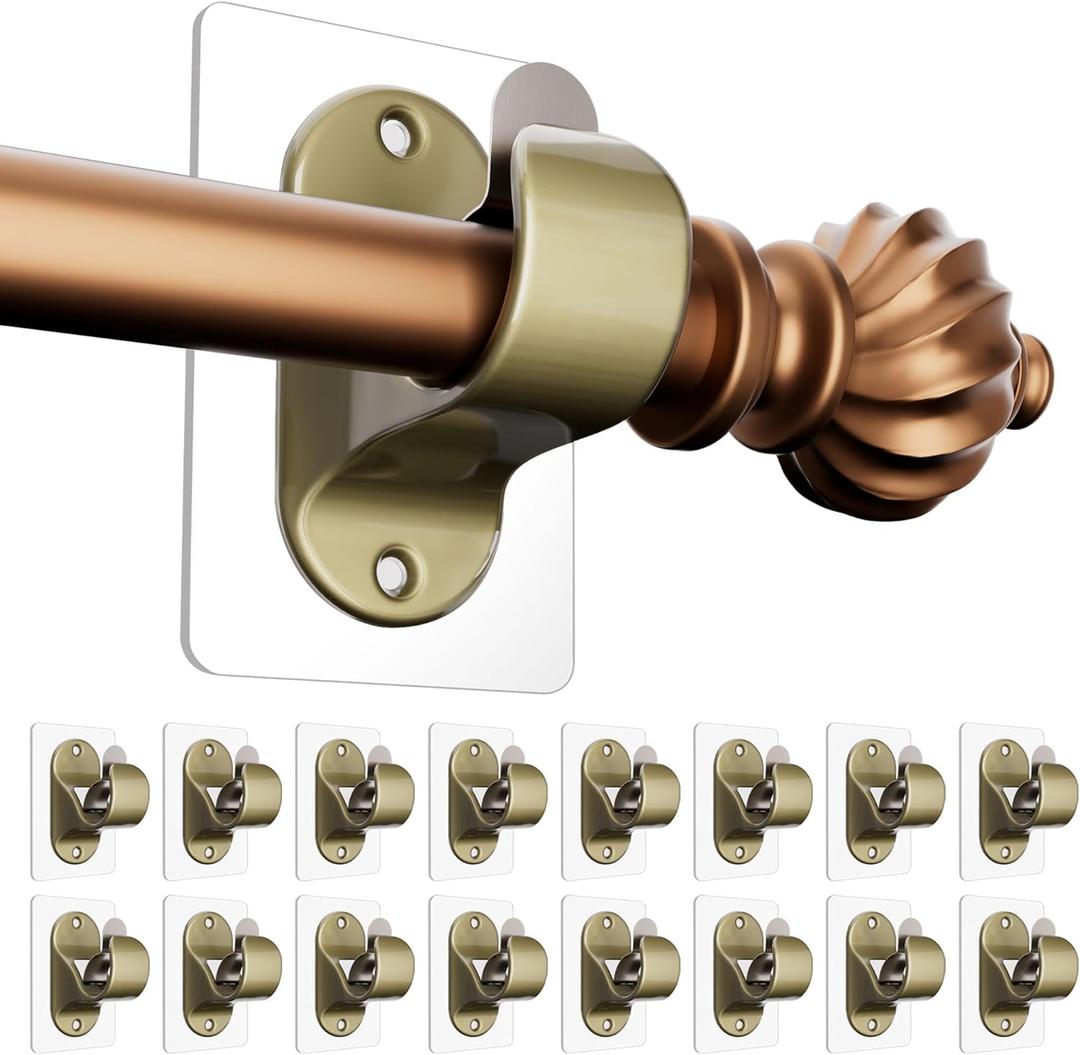No Drilling Curtain Rod Brackets, Self Adhesive Curtain Holders, Adjustable Stick on Wall Curtain Rod Hooks Hanging for Bathroom Kitchen Home (16 Pack) (Retro Color)
