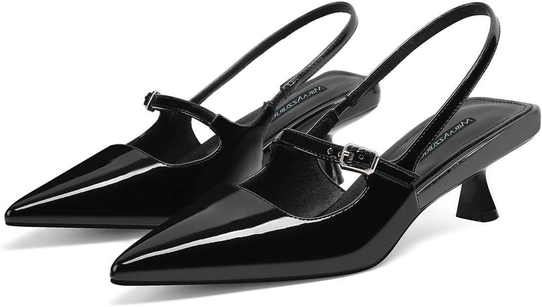 MIRAAZZURRA Slingback Kitten Heels Pumps Pointed Toe Low Heel Slip On Dress Shoes with Buckle Strap for Dating Party Working (10, Black)