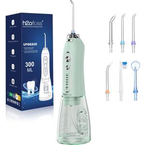 H2ofloss Water Dental Flosser Teeth Pick: Portable Cordless Oral Irrigator with 5 Modes, 300ML Rechargeable Travel Irrigation Cleaner IPX7 Waterproof Electric Flossing Machine for Teeth Cleaning Green