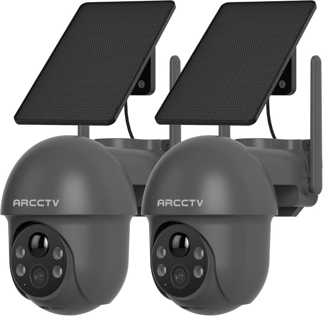 ARCCTV Security Cameras Wireless Outdoor Solar, 4MP 360 View Battery Powered Outdoor Camera, Night Vision with Spotlight, 2-Way Audio, PIR Motion Sensor, 2.4G/5G Dual Band WiFi, Grey (2 Pack)