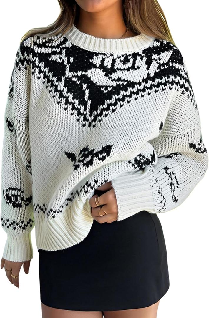 ZAFUL Floral Sweaters for Women Trendy Crew Neck Long Sleeves Knitted Pullover Boho Sweater Chunky Knit Tops (White, M)