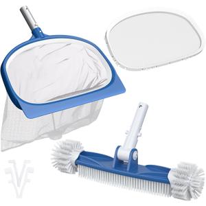 CKE Swimming Pool Cleaning Kit Including Pool Skimmer Net, 18.5" Rotatable Round End Pool Brush Head, Changeable Leaf Skimmer Net, Pool Skimmer and Brush Set for Inground & Above Ground Pool (No Pole)