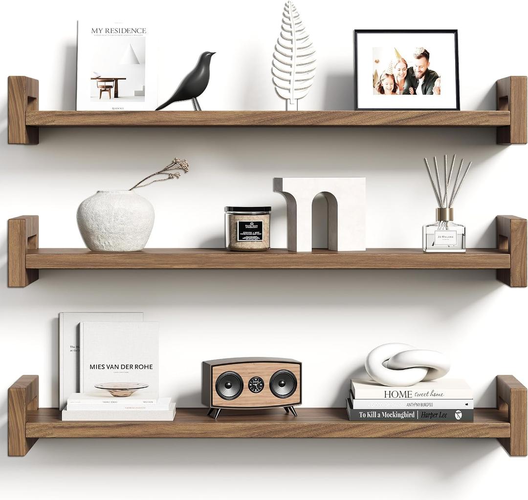 Upgraded Floating Shelves for Wall, Set of 3 Solid Wood Wall Mounted Shelves, 23.6" Rustic Walnut Display Shelf for Bedroom, Living Room, Bathroom, and Kitchen Decor - Heavy-Duty & Natural Pine
