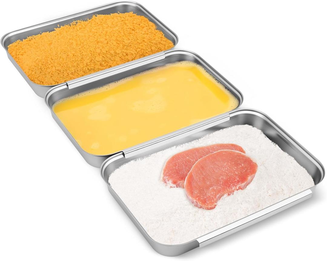 Set of 3 Interlocking Breading Trays, 8.5" X 5.8" X 1.2" Stainless Steel Dredging Trays for Breading, Marinating, Chicken, Food Prep, Stackable Tray for Baking Cake, Oven Safe