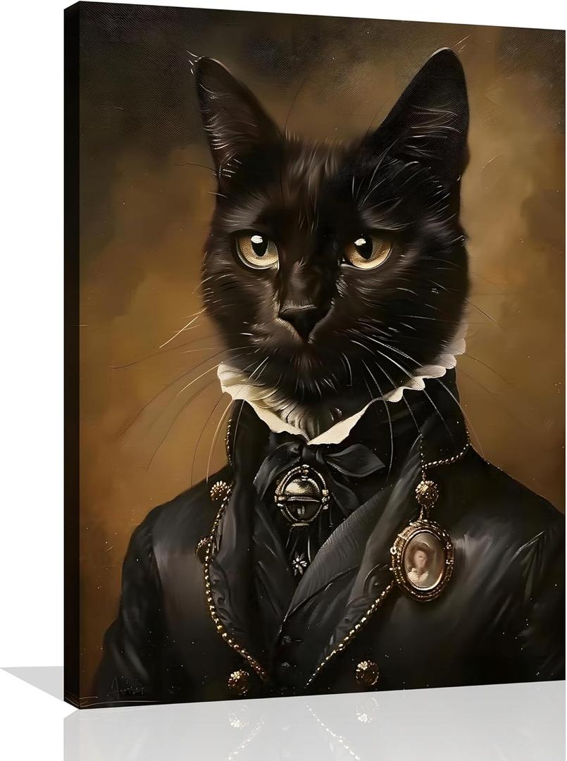 Art Funny Black Cat Poster Gothic Cat Canvas Wall Art Victorian Renaissance Kitten Prints Goth Halloween Academia Kitten Painting for Living Room Bedroom Framed 12X16 inch