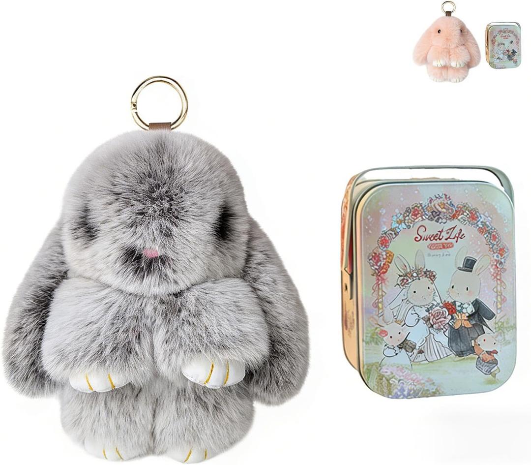 Keychain with Box,Bunny Keychain with Tin,Cute Keychain Gift (Light Gray Frost Color)