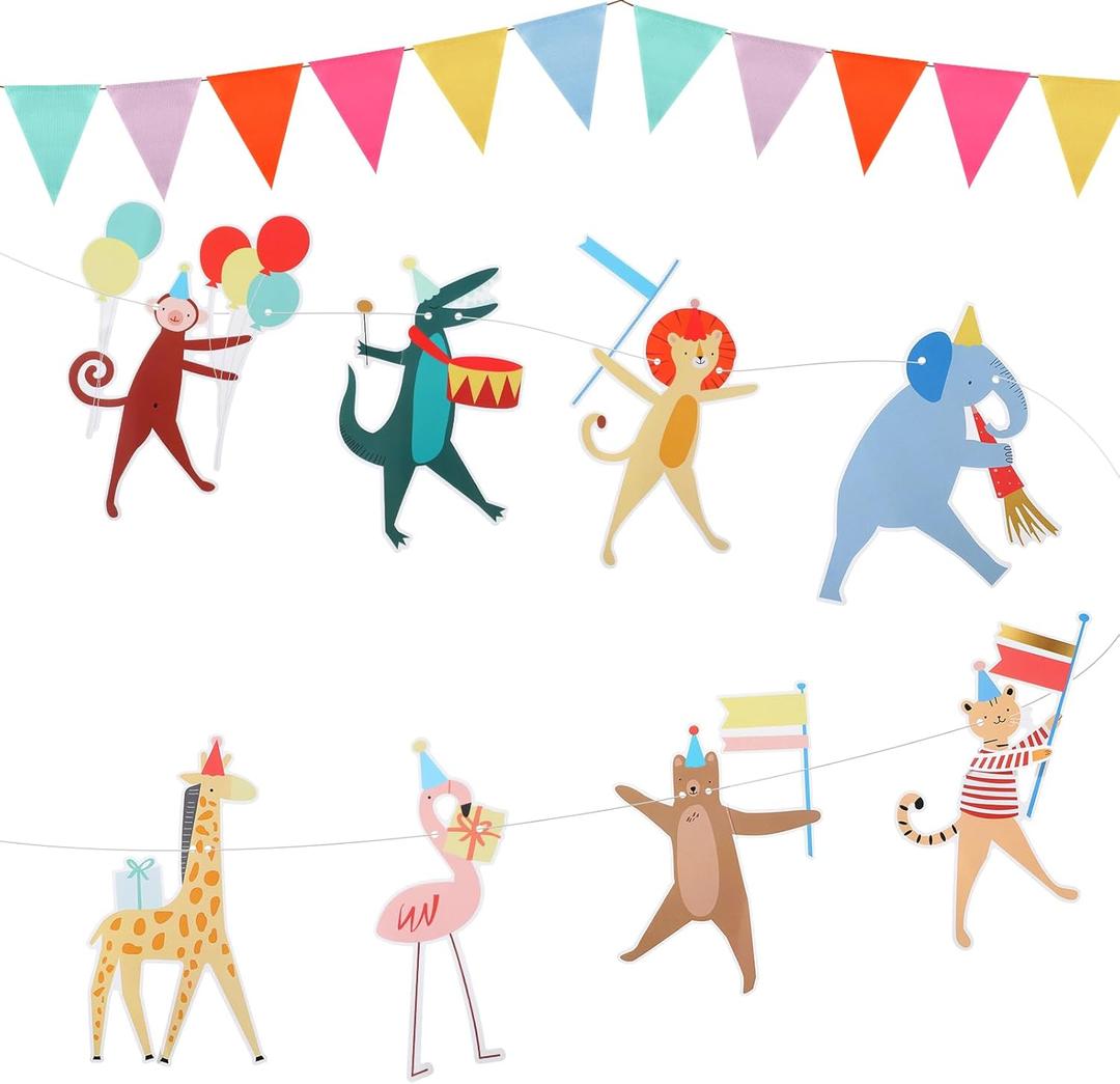 Animal Parade Party Banner with 12 Pcs Colorful Pennant Banner Flag, 10' Strand Including Excess Cord Animal Birthday Party Hanging Garland Decorations Baby Showers Supplies