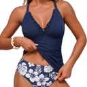 ZAFUL Womens Tankini Swimsuits Smocked 2 Piece Bathing Suits Modest Tie Back Swimwear (Blue, L)