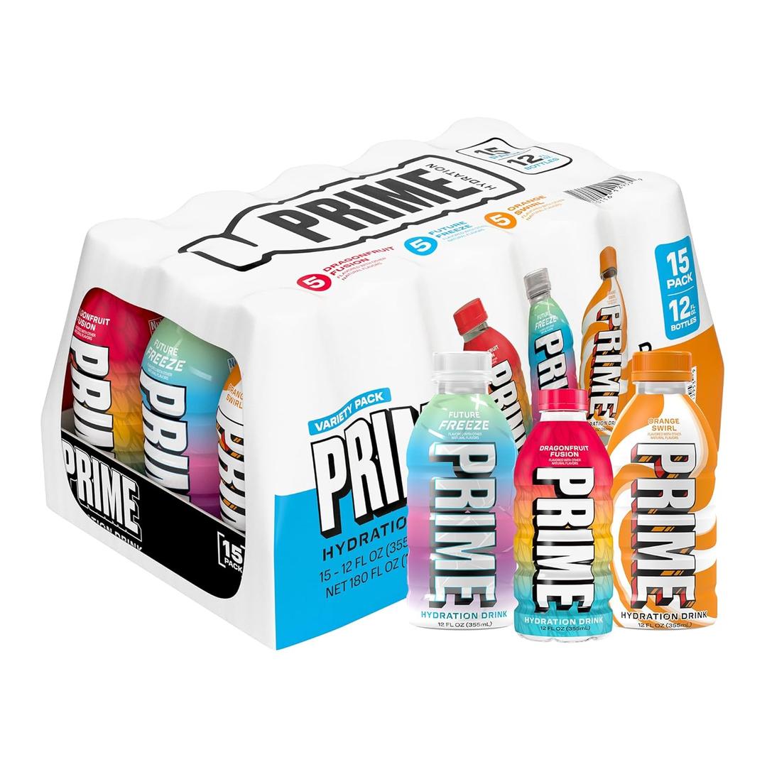 PRIME HYDRATION Variety, Dragonfruit Fusion, Orange Swirl, & Future Freeze Sports Drinks, Electrolyte Enhanced to Replenish Fluids, Zero Added Sugar, B Vitamins, Antioxidants, 12 Fl Oz, 15 Pack (EXP 05/26/27)