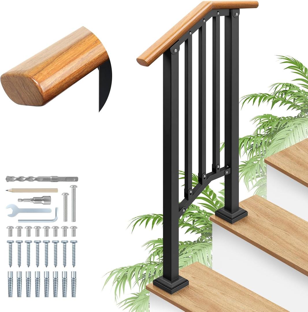 Hand Rails for Outdoor Steps, Metal Wood-Grain 2 Step Handrail, Outdoor Safety Balusters Railing Kit for Seniors & Kids, Anti-Wobble & Rustproof, Fits Concrete, Wood, Porch, Deck