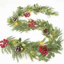 [Snowy & Timer] 6 Ft Prelit Christmas Garland, Real Touch Cedar Garland with Lights,115 Cedar Branchs 25 Eucalyptus Leaves Red Berry Snowy Pinecones Garlands for Mantel Fireplace Table Christmas Decor